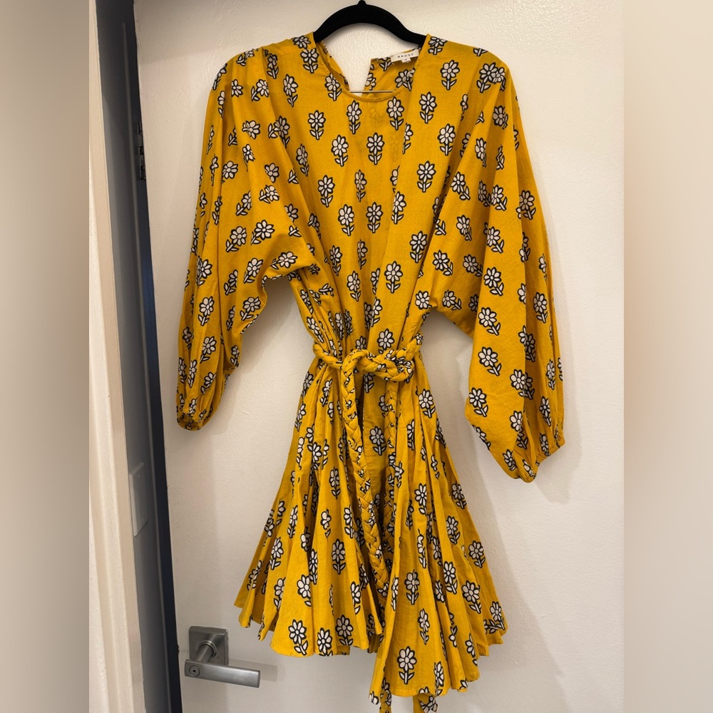 Yellow Long Sleeve Printed Mini Dress